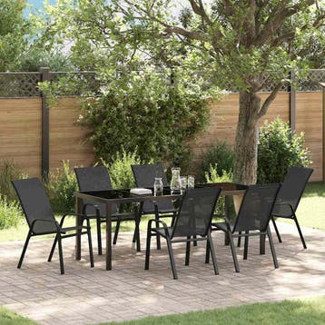 vidaXL Tuin eettafelset 7 st Zwart Poedercoating staal, Verzenden, Nieuw, Textileen, 7 zitplaatsen