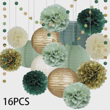 16-delige Feestdecoratie Set: Saliegroene Lampionnen & Pompo, Verzenden, Nieuw