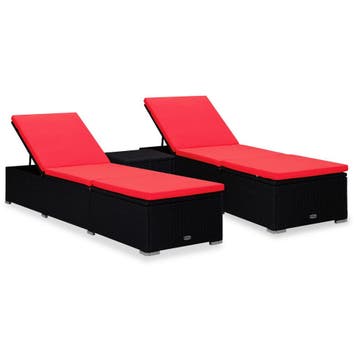 vidaXL 3-delige Ligbeddenset met theetafel poly rattan zwart, Verzenden, Nieuw