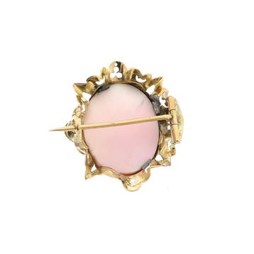 Antiek gouden broche met roze camee, Gebruikt, Ophalen of Verzenden, Roze, Met edelsteen