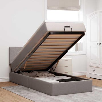 vidaXL Bed poef met matras en LEDs 90x200 cm stof taupe, 90 cm, Eenpersoons, Verzenden, Nieuw