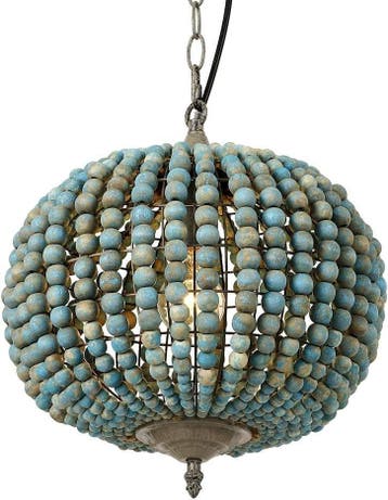 Hanglamp Houten Kralen - Retro Blauw | Retourdeal 53% Kor..., Retro vintage, rustiek, landelijk, Nieuw, Ophalen of Verzenden, Metaal
