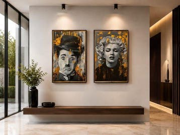 Ricart 70 x 100 cm - Marilyn y Chaplin: Nostalgia en Ocre, Antiek en Kunst
