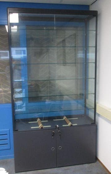 Glazenvitrine met 6 glazen schappen, B120 x D40 x H221cm,, Zakelijke goederen, Kantoor en Winkelinrichting | Winkel en Inventaris