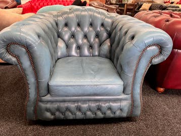 Vintage Chesterfield  Blauw Rund Leren Chesterfield Fauteuil, Huis en Inrichting, Fauteuils, Ophalen, Gebruikt, Leer, CHESTERFIELD