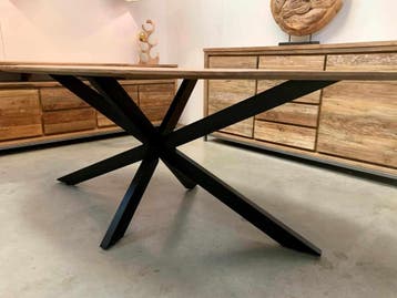 Ovale acacia tafel met metalen poot -  240 cm x 110 cm, Huis en Inrichting, Ophalen of Verzenden, Nieuw, Ovaal