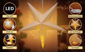 Kerstster Papier LED Crème Ø60cm 5 Punten Gaatjes, Diversen, Kerst, Verzenden, Nieuw