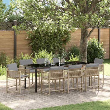 vidaXL Tuin eettafelset 9 pcs Beige poly rattan, Verzenden, Nieuw, Rotan, Meer dan 8 zitplaatsen