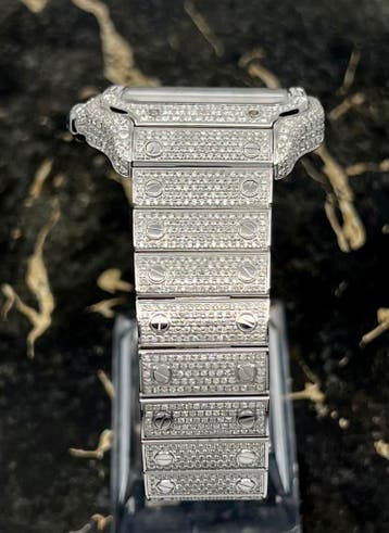 Cartier Santos - White Dial - Large- Iced Out - Diamonds, Sieraden, Tassen en Uiterlijk, Horloges | Heren, Overige merken, Staal