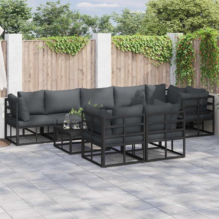 vidaXL Tuinbankenset met kussen 8 pcs Zwart Aluminium, Tuin en Terras, Tuinsets en Loungesets, Nieuw, 8 zitplaatsen, Aluminium