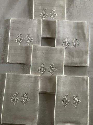 6 damast linnen servetten uit de vroege twintigste eeuw met, Antiek en Kunst, Antiek | Kleden en Textiel