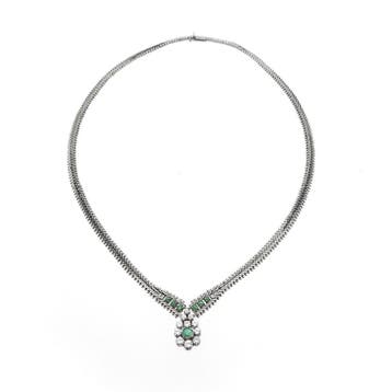Witgouden visgraat schakelcollier met smaragd en diamante..., Gebruikt, Ophalen of Verzenden, Met edelsteen, Goud