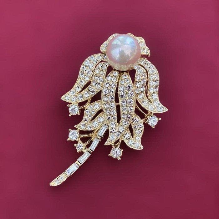 Verguld, Bloemmotief met parel en Swarovski-kristallen -, Antiek en Kunst, Curiosa en Brocante