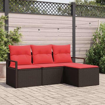 vidaXL Bankstel 4 st Bruin en Rood poly rattan, Verzenden, Nieuw, Rotan, 4 zitplaatsen