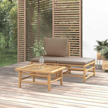 vidaXL 3-delige Loungeset met kussens bamboe taupe, Verzenden, Nieuw, Hout, Loungeset