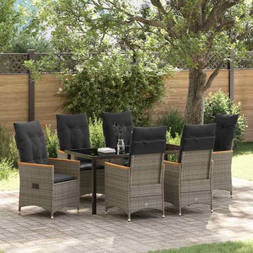 vidaXL Tuin eettafelset met kussen 7 pcs Grijs poly rattan, Verzenden, Nieuw, Rotan, 7 zitplaatsen
