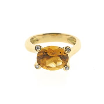 Gouden solitairring met citrien en diamant; 0,08 ct., 18 tot 19, Gebruikt, Ophalen of Verzenden, Met edelsteen