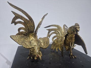 Pair of Bronze Fighting Cocks with Glass Eyes – Spain, circa