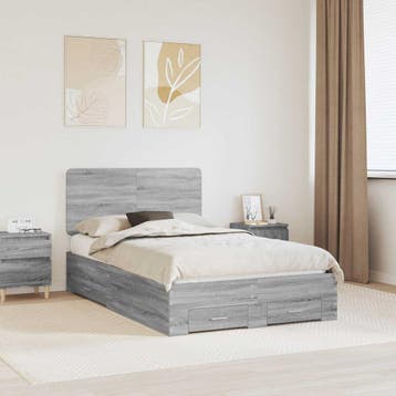vidaXL Bedframe met lade Grijs Sonoma 135 x 190 cm Bewerkt, Verzenden, Nieuw, Twijfelaar, Grijs