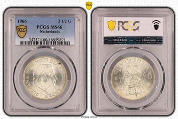 Koningin Juliana zilveren 2 1/2 gulden 1966 MS66 PCGS, Postzegels en Munten, Munten | Nederland, Verzenden, Koningin Juliana, Losse munt
