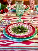 Tafelkleed met ikat-patroon in fuchsiakleur voor grote, Antiek en Kunst