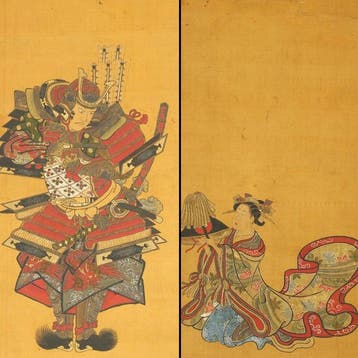 Beautiful Woman in Kimono Holding Onusa and Hat, and Samurai