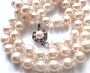 Halsketting 14 kt witgoud - Akoya parels tot 8 mm - robijnen, Nieuw