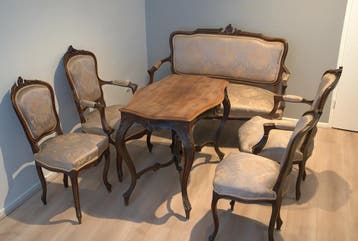 Zesdelig notenhouten Rococo-stijl ameubelement, 19e eeuw, Antiek en Kunst, Antiek | Meubels | Stoelen en Banken