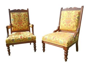 Fauteuil - Walnoot, Zijde - 2 Engelse fauteuils - Hoogte: 90