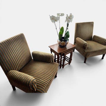 Fauteuil - Hout, Textiel - 2 groen-gouden fauteuils, Antiek en Kunst