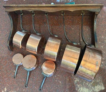 Pan (8) - Koper, ijzer/metaal en hout - Set van 8 Antique