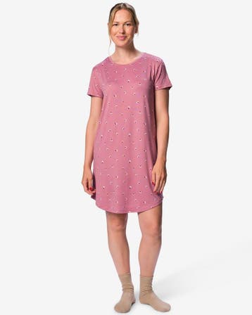 HEMA Damesnachthemd brushed micro bloemen roze, Verzenden, Roze