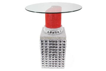 Bistrotafel LIPSTICK 75 cm rond met gehard glas rood zilver, Huis en Inrichting, Tafels | Eettafels, Ophalen of Verzenden, Nieuw