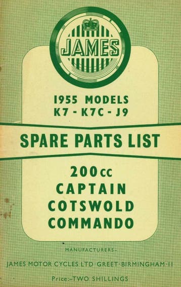 1955 James Spare Parts List - Captain - Commando - Cotswold, Verzenden, Overige merken