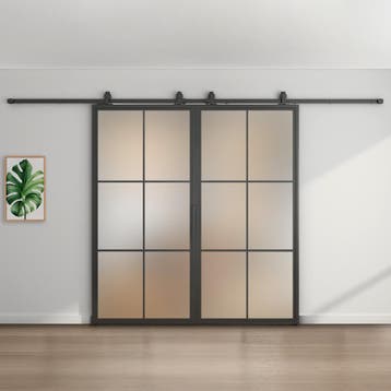 Dubbele stalen schuifdeur - 6 Vlaks - Mat glas, Doe-het-zelf en Verbouw, Kozijnen en Schuifpuien, 75 tot 150 cm, Nieuw, 150 tot 225 cm