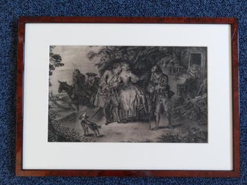 Potloodtekening op papier verliefd stel bij huis, 18e eeuw, Antiek en Kunst, Verzenden