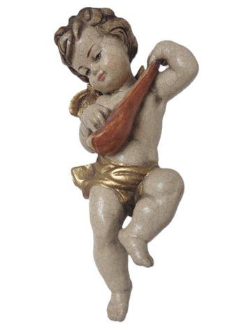 Snijwerk, Holzfigur - farbiger Engel mit Mandoline -