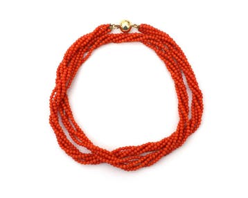 Collier van 5 bloedkoralen strengen aan 14 krt. bolsluiting, Gebruikt