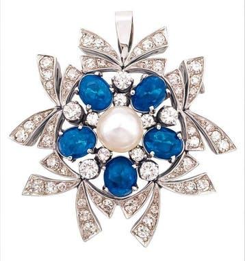 Hanger - 18 karaat Witgoud Diamant (Natuurlijk) - Saffier
