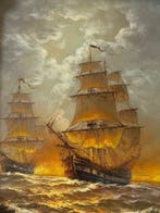 Dutch School (XIX-XX) - Marina con velieri al tramonto, Antiek en Kunst