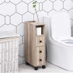 Smalle Eikenhouten Badkamerkast op Wielen met Lade en Plank, Verzenden, Nieuw