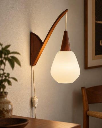 Mid-Century wandlamp – teak/hout & opaalglas – Scandinavisch
