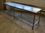 RVS Werktafel met opstand op wielen, Tafel, B305 x D90 x