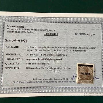 Saargebied 1920 - 3 Pf Germania met kopstaande opdruk en, Gestempeld