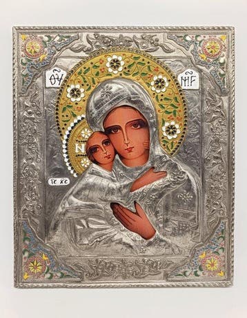 Icoon - Madonna van tederheid - Hout, Metaal, Emaille,