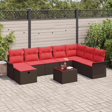 vidaXL Tuin Sofa Set 9 st Bruin en Rood poly rattan, Verzenden, Nieuw, Rotan, Meer dan 8 zitplaatsen