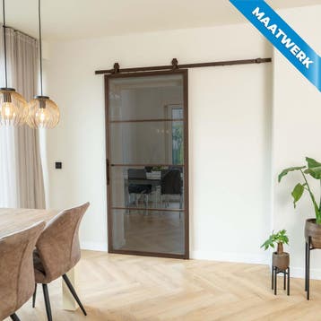 Stalen Schuifdeur - 4 Vlaks - Brons - Maatwerk - Rook glas, Nieuw, Metaal, Inclusief glas