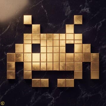 Kleury.art - [XL MATTE PAPER] Gold Invader on Dark Marble, Nieuw