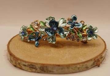 Haarclip met 5 blauw bloem met groen bladeren, Verzenden, Nieuw, Haarspeld