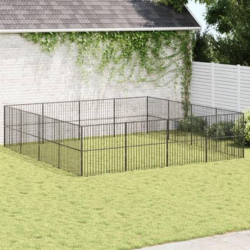 vidaXL Hondenkennel 16 panelen gepoedercoat staal zwart, Dieren en Toebehoren, Verzenden, Nieuw